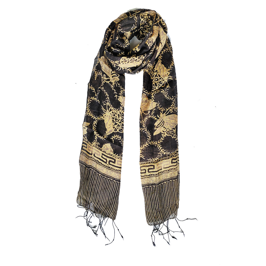 KIRANA SILK SCARF (Medium 175x45 cm)- Black Gold - Batik (Butterfly Noir)